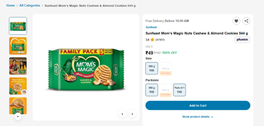 JioMart: Mom's Magic Cashew Almond Cookies 544g at Rs.44/- 69% off