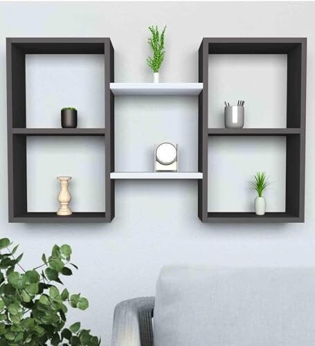 Furniture Café Modern Wooden Wall Mounted Shelves – Cube & Floating Display Rack for Living Room, Bedroom, and Office Décor (Grey & White)