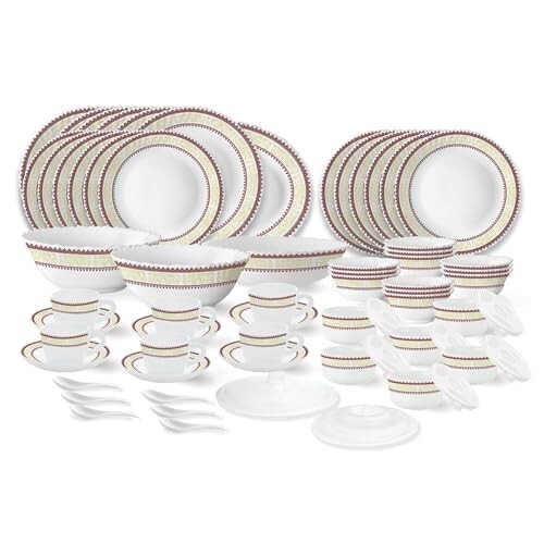 Larah by Borosil Elega Fluted Series Opalware Dinner Set | 66 Pieces for Family of 6 | White