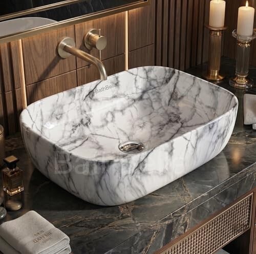 Designer Ceramic Wash Basin For Bathroom | Over Counter Bathroom Basin (18 x13 x 5 Inch) (114)