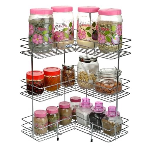 Heavy Duty 3-Tier Stainless Steel Kitchen Corner Rack | L Shaped Platform Organizer Stand for Jars, Containers & Dishes | Rust Proof Countertop & Wall Mounted Shelf