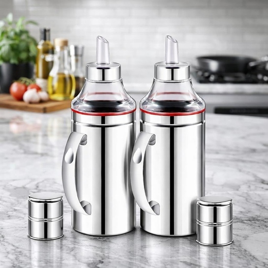 Stainless Steel Oil Dispenser Bottle 1 Litre with Nozzle | Pack of 2 | Kitchen Use