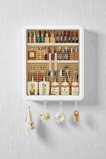 Arto Wall Mounted Medicine Cabinet | Double Door Storage with Hooks | Waterproof Multipurpose Organizer for Home & Kitchen (White)