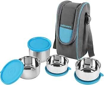 CELLO Steelox Set of 4 Pcs Lunch Box with Jacket For Office, Blue