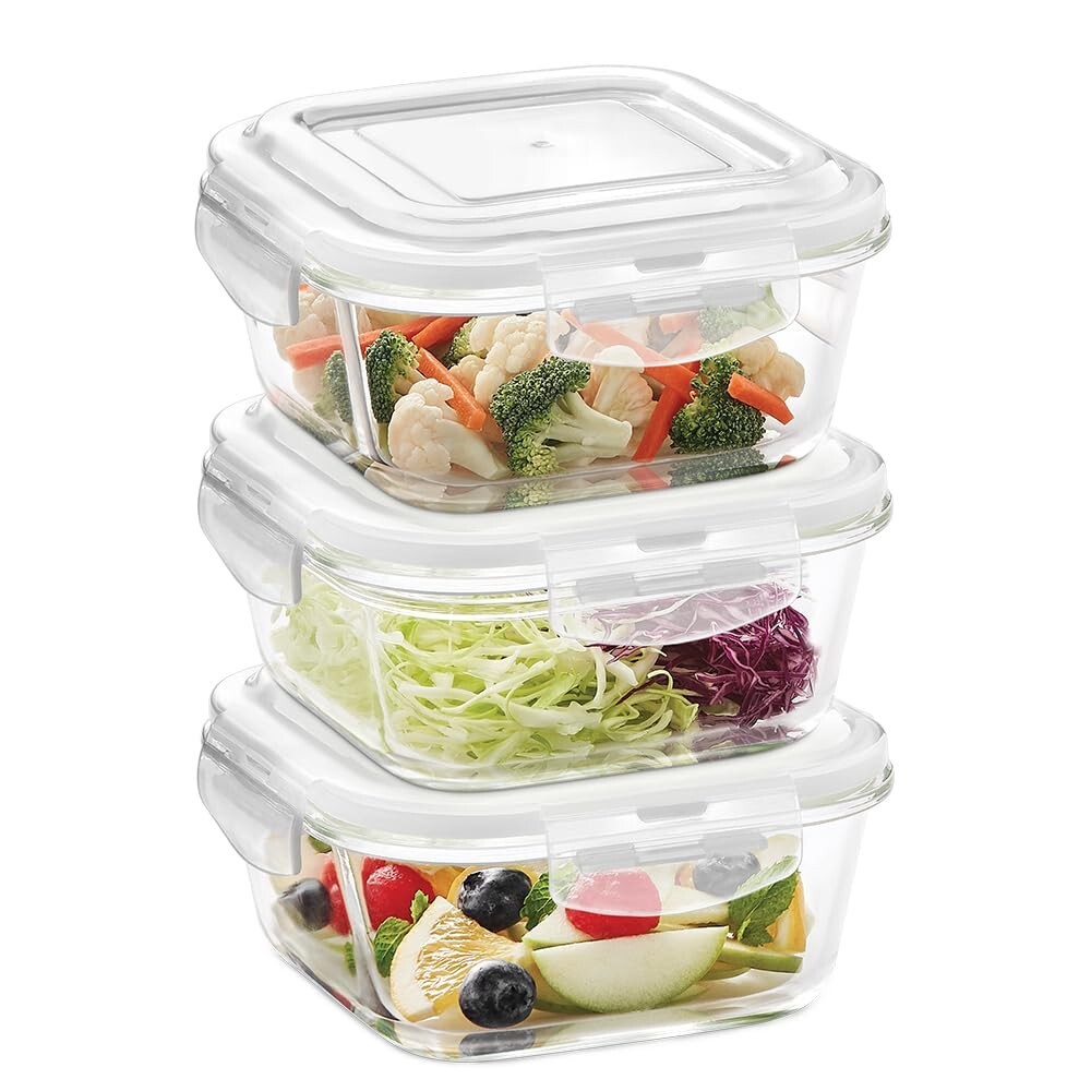 Borosil Klip n Store (800 ml x 3) Square Glass Food Storage Container Set with Air Tight Lid 