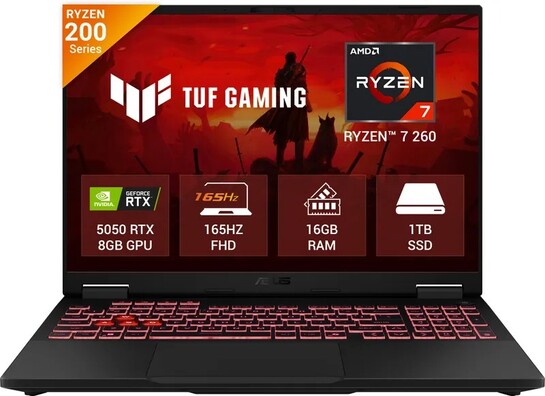ASUS TUF Gaming A16 (2026) with Office 2024 + M365 Basic AMD Ryzen 7 260 - (16 GB/1 TB SSD/Windows 11 Home/8 GB Graphics/NVIDIA GeForce RTX 5050/165 Hz) FA608UH-RV112WS Gaming Laptop