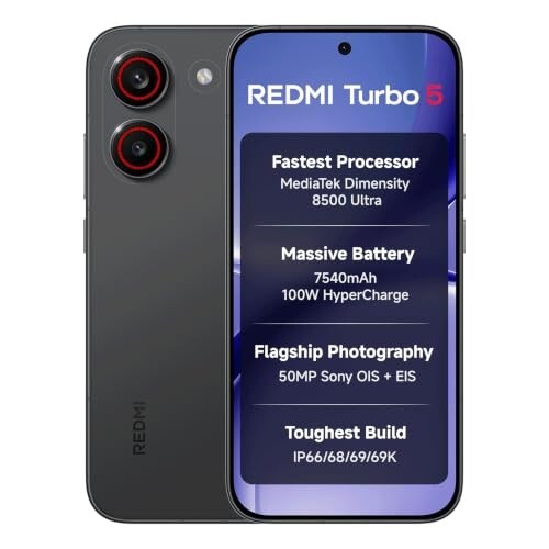 REDMI Turbo 5 (8GB + 256GB) Asphalt Black | Dimensity 8500 Ultra | Mega 7540mAh Battery | 100W HyperCharge | Compact 16.75cm(6.59) 120Hz AMOLED Screen 