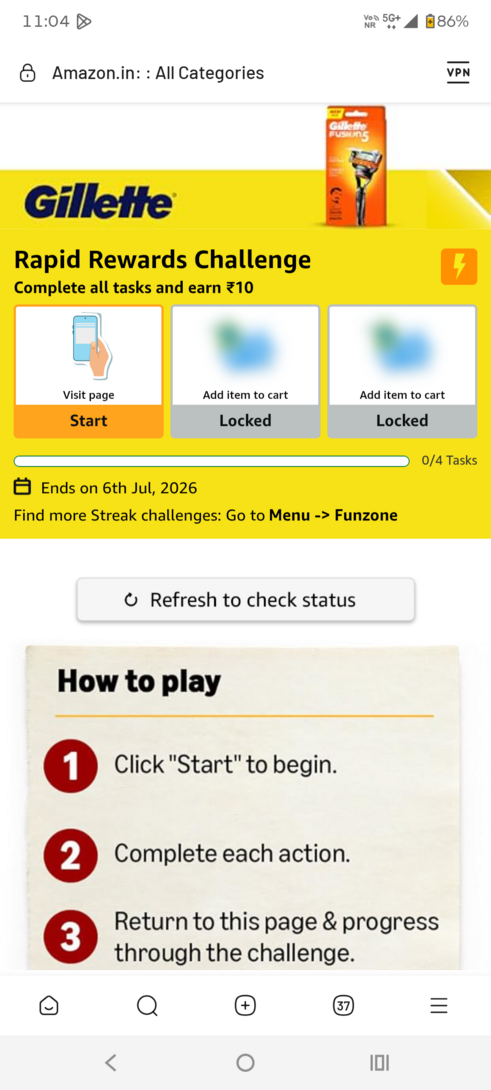 Amazon - Complete gillette task and earn 10 rs