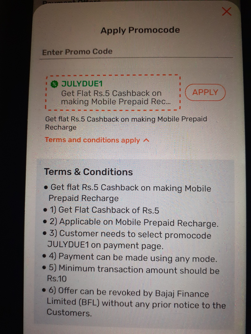 Bajaj Finserv Flat 5 back on min 10 Recharge