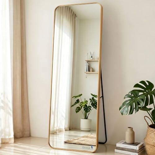 Story@Home Standing Mirror Full Length with Stand | Aesthetic Standing Mirror for Bedroom | Metal Heavy Thick Frame Cheval Mirror Freestanding with Attached Stand - 5.25 feet, Gold