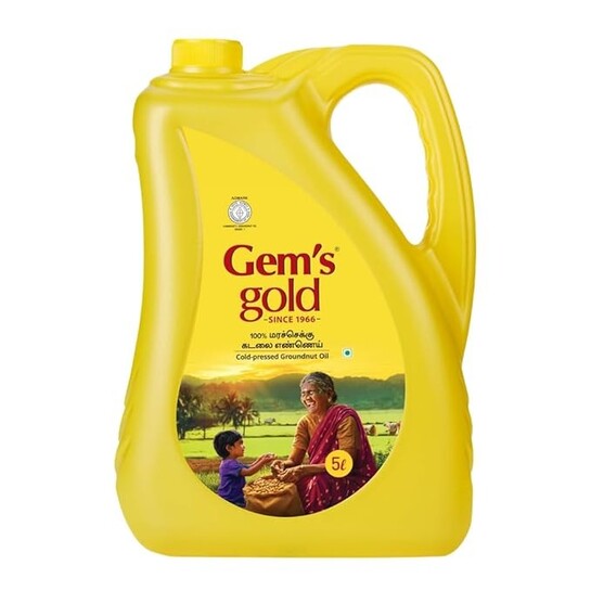 Gem's Gold Cold Pressed Groundnut Cooking Oil 5 L Can | Peanut Oil | Marachekku, Chemical Free, Kacchi Ghani, Chekku | Support Heart health | Enriched with MUFA & PUFA (OMEGA 6) | Ideal for High Heat Cooking