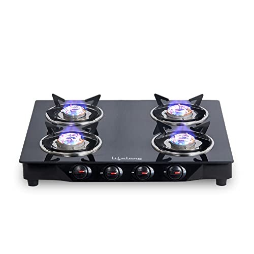 Lifelong Glass Top Gas Stove, 4 Burner Gas Stove, Black