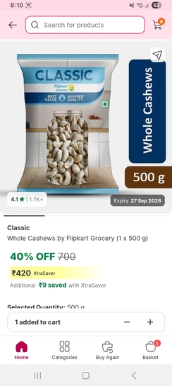 Minutes: whole Cashew 500gm at 420