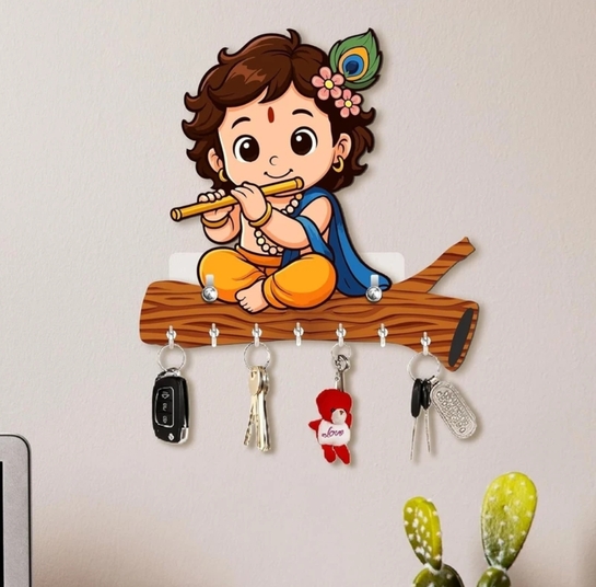 CAPIO ART Designer Printed Krishna Shape Home Decor/Wall decor/key hanger/key organiser Wood Key Holder (7 Hooks, Multicolor)