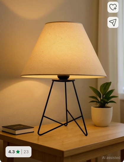 Glowhere Retro Matt Black Wire Table Lamp, Khadi Cone Shade for Living Room & Home Décor Table Lamp (34.7 cm, White)