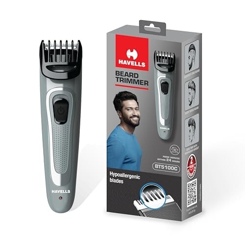 Havells Bt5100C Rechargeable Beard Trimmer with Hypoallergenic Blades (Grey)-Men