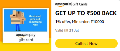 Extra 1% off up to Rs. 500 on Amazon Pay Gift Card using Credit Cards