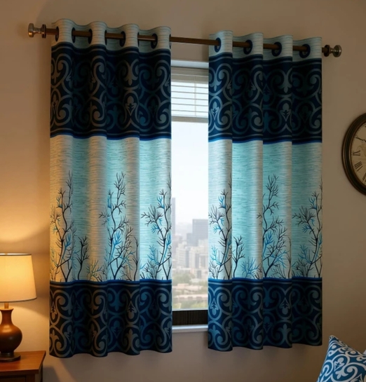 Story@home 152 cm (5 ft) Window Polyester Semi Transparent Curtain (Pack Of 2) (Blue, White, Printed)