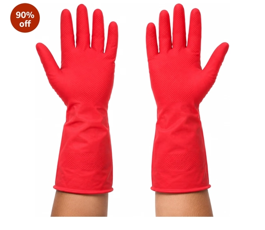AM Safe-X Rubber Cleaning Gloves for Kitchen & Household 1 Pair|Heavy Duty Reusable Rubber Gloves|Waterproof, Non-Slip Grip, Chemical Resistant Gloves for Dishwashing, Bathroom & Home Cleaning (Red)
