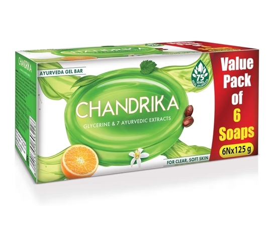 Chandrika Glycerine Ayurveda Gel Bar| Glycerine Bath Soap with Jojoba Oil for Moisturized Skin| For All Skin Types| 125g (Pack of 6)