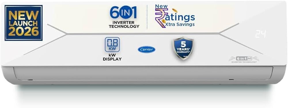 Carrier 1.5 Ton 3 Star Flexicool Inverter Split AC (Copper, Convertible 6-in-1 with Smart Energy Display, Insta Cool, Auto Clean, PM 2.5 Filter, 2026 Model, ESTER EDGE Gxi- CAI18EE3R36F1, White)