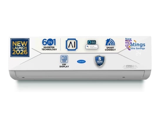 Carrier 1.5 Ton 3 Star Wi-Fi Smart Flexicool Inverter Split AC (Copper, Convertible 6-in-1 with Wi-Fi with Geo-Fencing, Smart Energy Display, 2026 Model, ESTER EDGE Gxi WiFi-CAI18EE3R36W1, White)