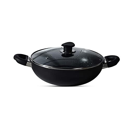 BERGNER Essential Plus 5 Layer Marble Non Stick Kadai/Kadhai with Glass Lid, 28 cm, 5.2 litres, Induction Base, Food Safe (PFOA Free), Thickness 3.2mm, 1 Year Warranty, Black