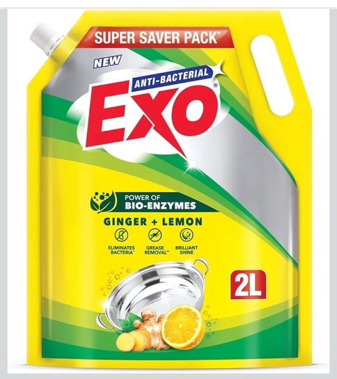 Exo Dishwash Liquid Refill Pack | Ginger & Lemon | Tough Grease Removal for Utensils | Anti-Bacterial Dishwashing Liquid | Bio-Enzyme Liquid Dishwash | No Residue Cleaning - 2L