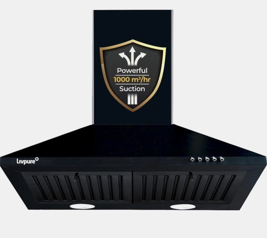Livpure AIRIS-NEO-60 1000 CMH 60 cm Pyramid Shape 60 cm 3 Layer Baffle Filter Powerful suction | 5 Years Motor Warranty Low Noise |LED Lamp Push Button Control Chimney (Wall Mounted, Black)