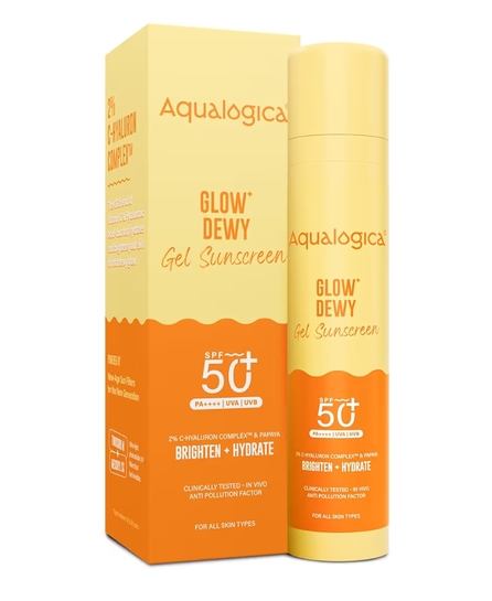 Aqualogica Glow+ Dewy Gel Sunscreen - 50 g | SPF 50+ PA++++ 12-Hour* Sun Protection No White Cast | C-Hyaluron Complex™ & Papaya | Broad Spectrum UVA/B & Blue Light Protection | Lightweight | For Men & Women