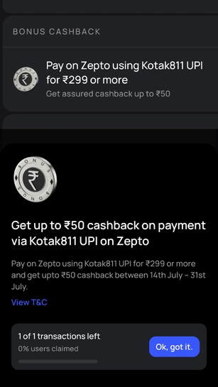 Pay on Zepto using Kotak811 UPI and get upto 50 cashback 