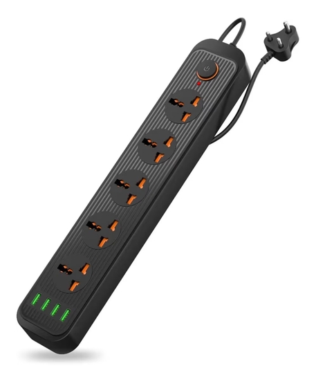 Portronics Power Plate 6 with 4 USB Port + 5 Power Sockets Extension Board, 2500W Power Converter, Cord Length 2Mtr (Black)