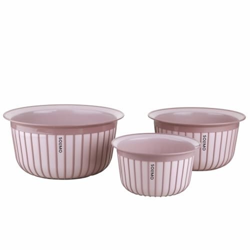 Amazon brand - Solimo Plastic Linea Containers without Lid Food Grade Set of 3(1.3L,2.3L and 3.8L) |BPA-Free Multipurpose Kitchen Bowls for Mixing and Serving, Coral Peach
