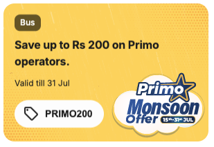 Redbus: Primo Monsoon Offer - Rainy Days. Bigger Savings | Save upto 200 on Primo bus tickets 