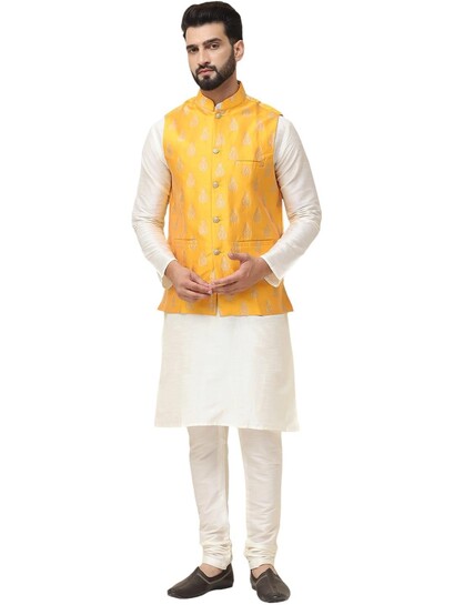 SOJANYA (Since 1958) Men's Silk Blend Kurta Pyjama With Nehrujacket Set