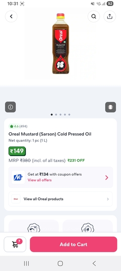 Zepto: Oreal Mustard Oil at 149