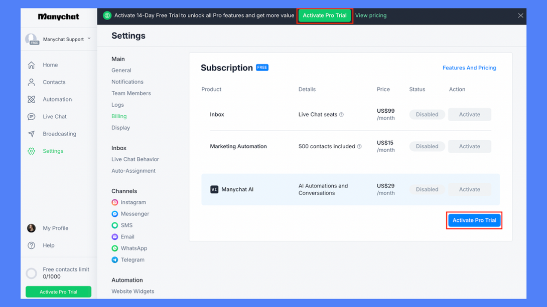 manychat coupon code free trial