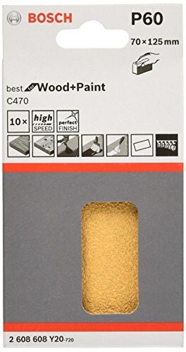Bosch Professional Hand Sanding Sheet Best For Wood & Paint, Grit Size 60, L X W : 5''125 Mm X 70 mm, Pack of 10