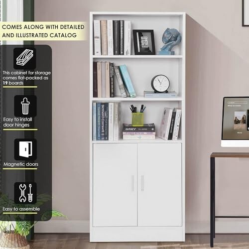 About Space 5 ft Kitchen Cabinet - 5 Tier Wooden Storage Cabinet with 3 Open Shelves & 2 Magnetic Door Crockery Cabinets, Easy to Assemble for Home Living Room (White - L 57 x B 25 x H 158 cm)