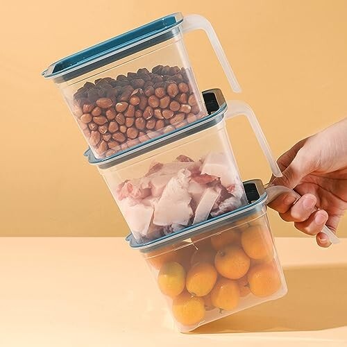 Wolpin Fridge Storage Containers (Set Of 3 Pcs) Food Refrigerator Organizer Container With Handle & Lid For Fruits, Vegetables, Nuts, Egg Box Meat, Fish Stackable, Plastic - Clear