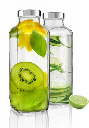 Castanea Glass Water Bottle 1000ml | Leak Proof Airtight Stainless Steel Lid | Travel Fridge