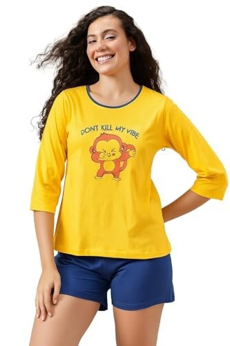Clovia Women's Cotton Printed Graphic and Text Print Top & Chic Basic Shorts Set