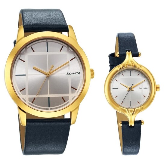 Sonata Quartz Analog Couple Silver Dial Leather Strap Watch