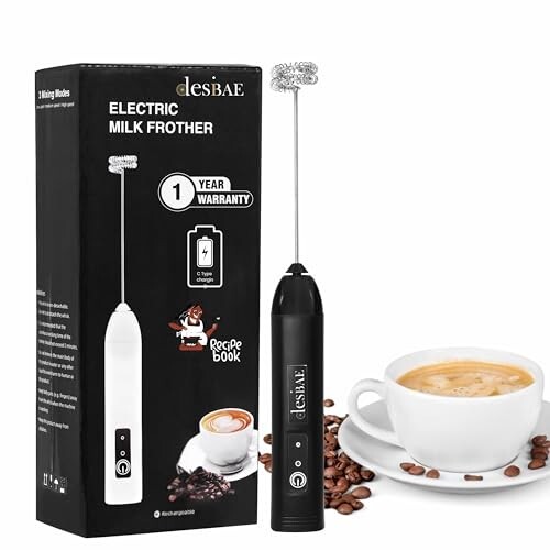 Desi BAE Frother Electric with Double Whisk | C Type Rechargeable Coffee Maker Machine for Home | 1 Year Warranty | Free Coffee Blender Recipe Book | Big Battery 1 Charge = 15 Days Use.