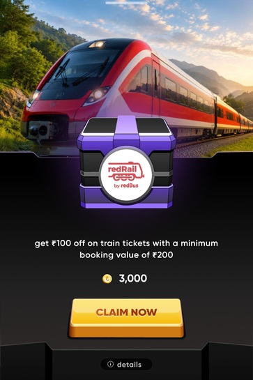 Cred: ₹100 off on redRail on min booking value of ₹200 (New users)