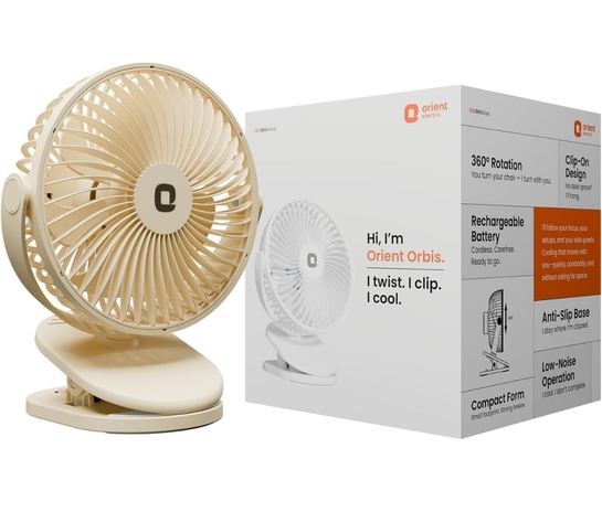 Orient Electric Orbis Rechargeable Personal Fan | 360° Rotation | 1800 mAh Battery | 4 Speed Modes with Timer | Quiet Operation | USB Type-C Charging | Clip-On Mini Fan (Beige)