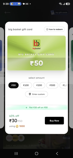 CRED - Bigbasket Gift Card ₹50 at ₹30 (user specific)