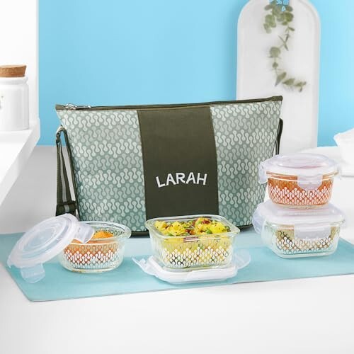 Gracia Daisy Borosilicate Glass Lunchbox with Bag | Set of 4 (320ml x 2 Square + 240ml x 2 Round)