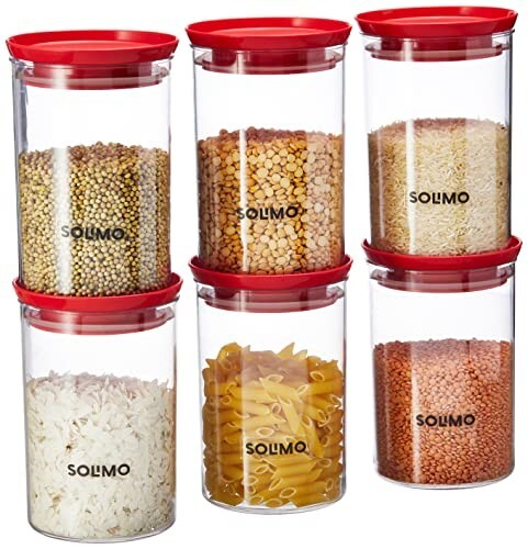 Amazon Brand - Solimo Plastic Storage Jar and Container Set 900 Ml Each, Set 6, Red