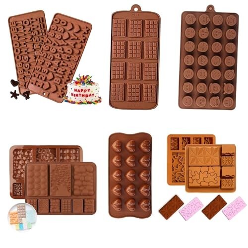 Clazkit Flexible and Reusable Silicone Alphabet, Smiley, Cadbury, Mini Heart, Chocolate Bar and Zigzag Chocolate Molds - Pack of 6